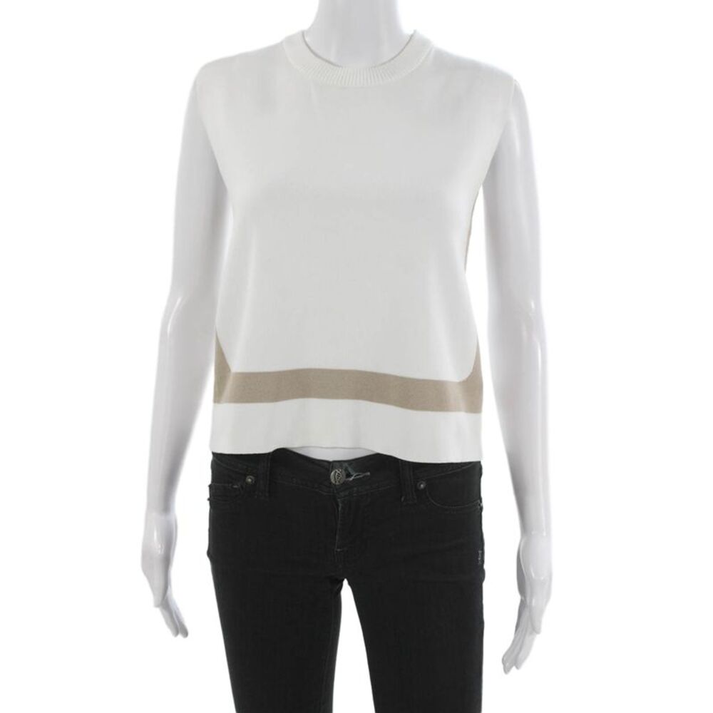 Lalavon Women Sleeveless Pullover Striped White Crew Neck Sweater Size S